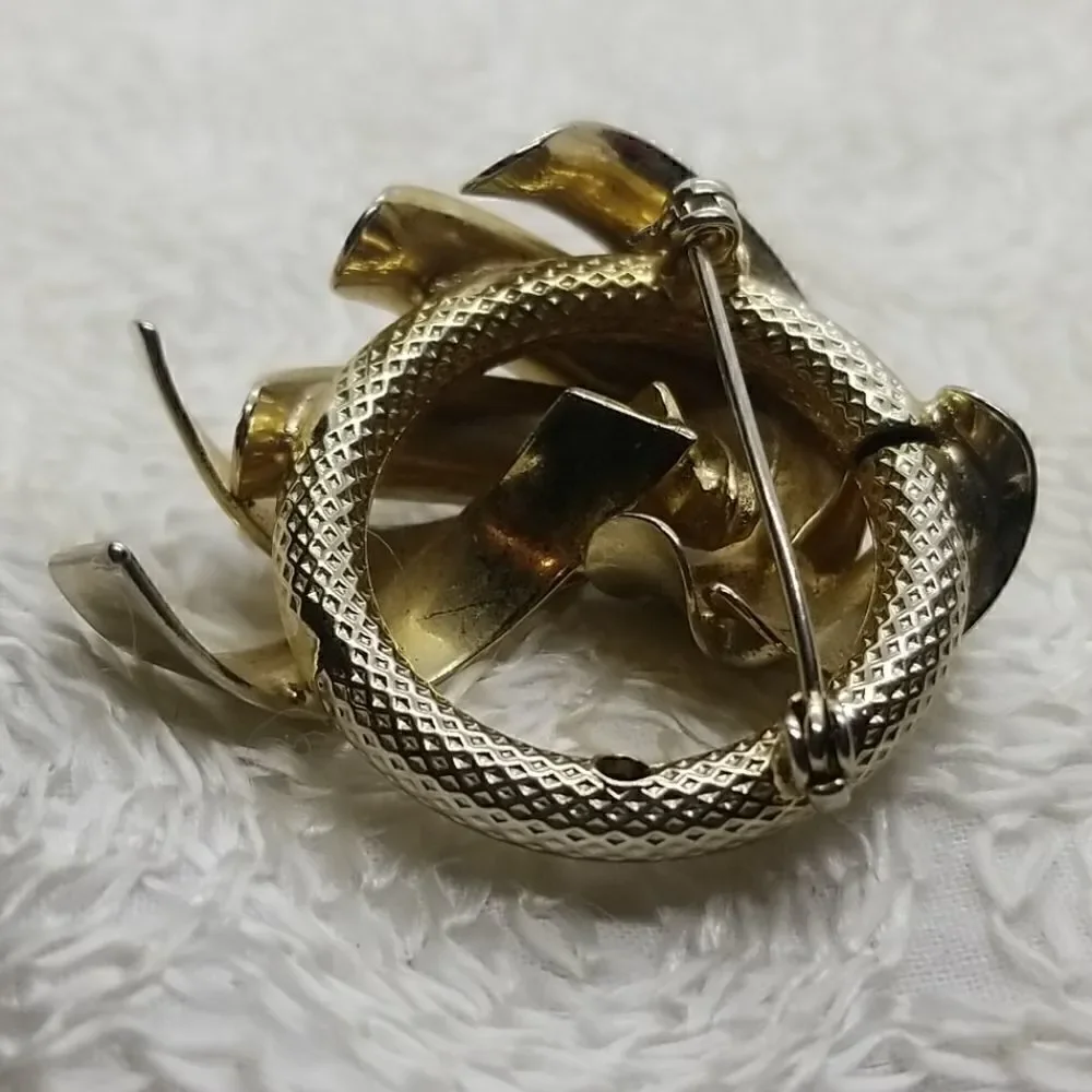 Gold Circle Pin Brooch  wrapped by gold tone ribbon style